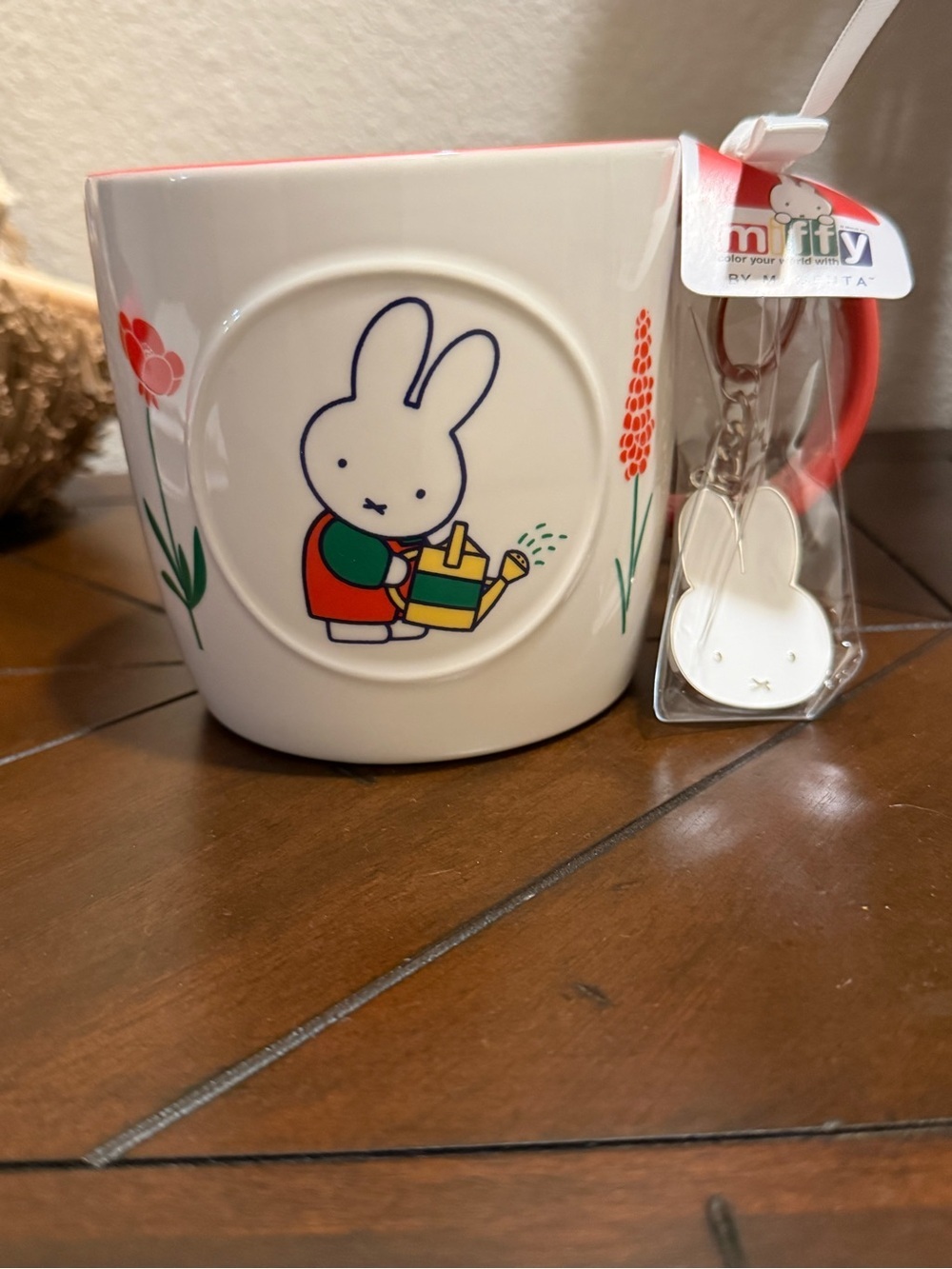 Miffy white ceramic mug with Coral accents ft Miffy gardening & Keychain NWT